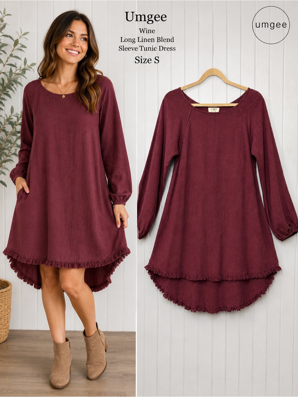 Umgee Wine Long Linen Blend Sleeve Tunic Dress‎ Size S